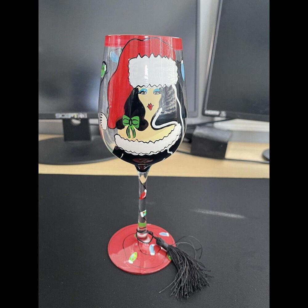 DELISH Hand Painted & Decorated 9"  15 Oz Wine Glass Christmas Naughty Or Nice.